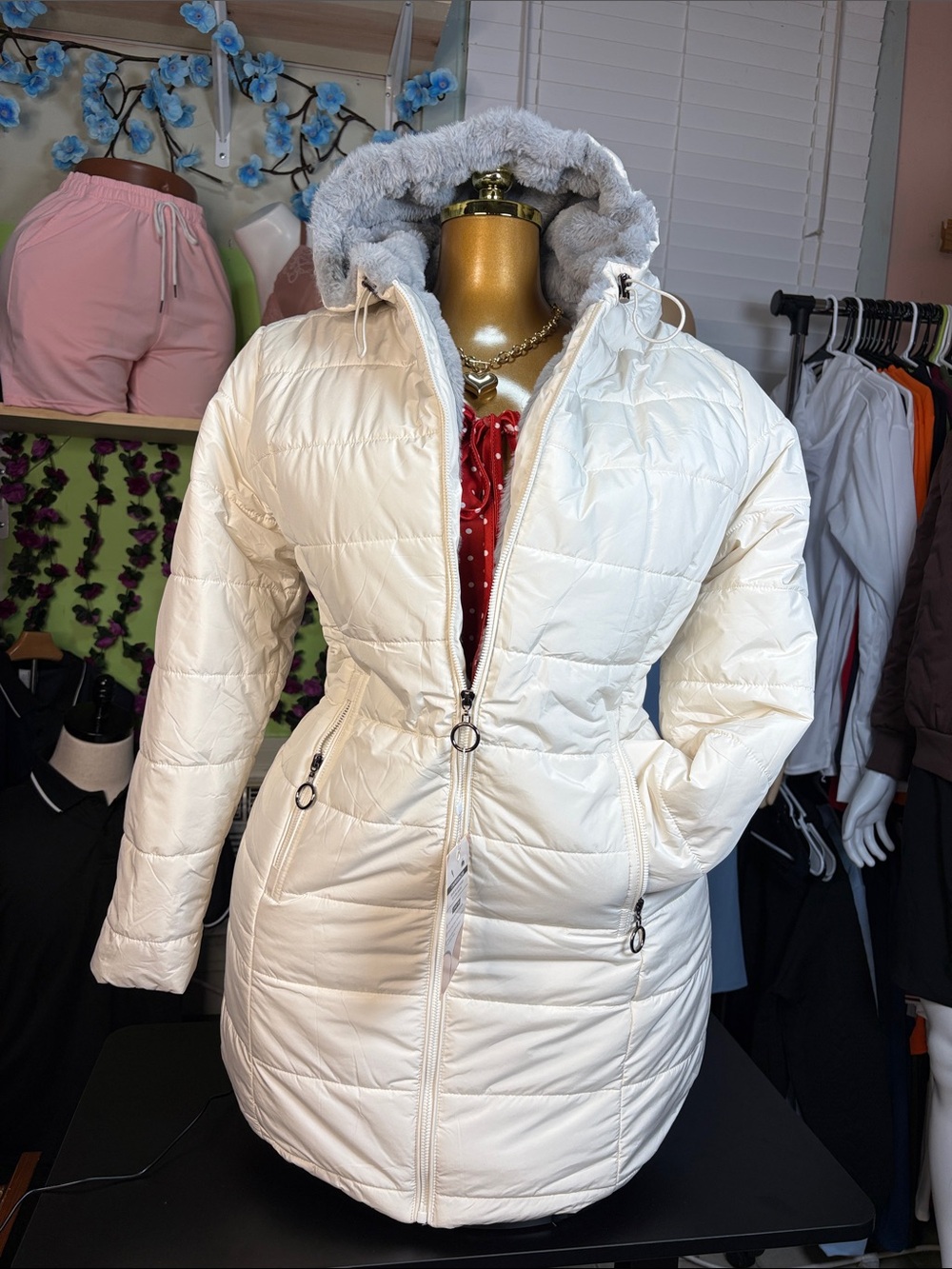 Women's Cream Quilted Puffer Coat with Faux Fur Hood